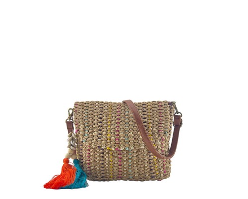 Bolso Bandolera Rafia Borla Con Abalorios